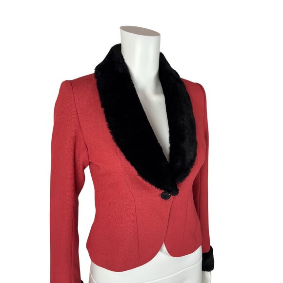 Vintage 80s Tuxedo Jacket Women's XS Salmon Black Faux Fur 40s Style Mini Blazer - Picture 5 of 10